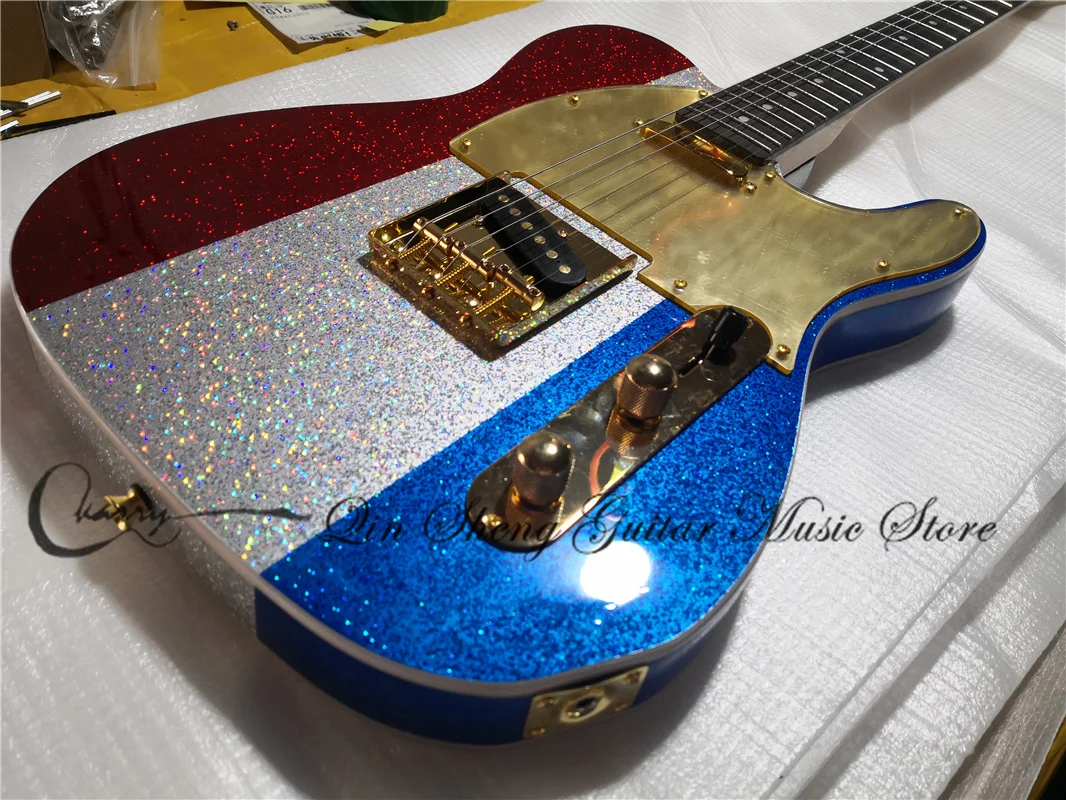 custom  6 string electric guitar,tel guitar red sliver blue flash powder particles body,gold bridge,gold pickgurad