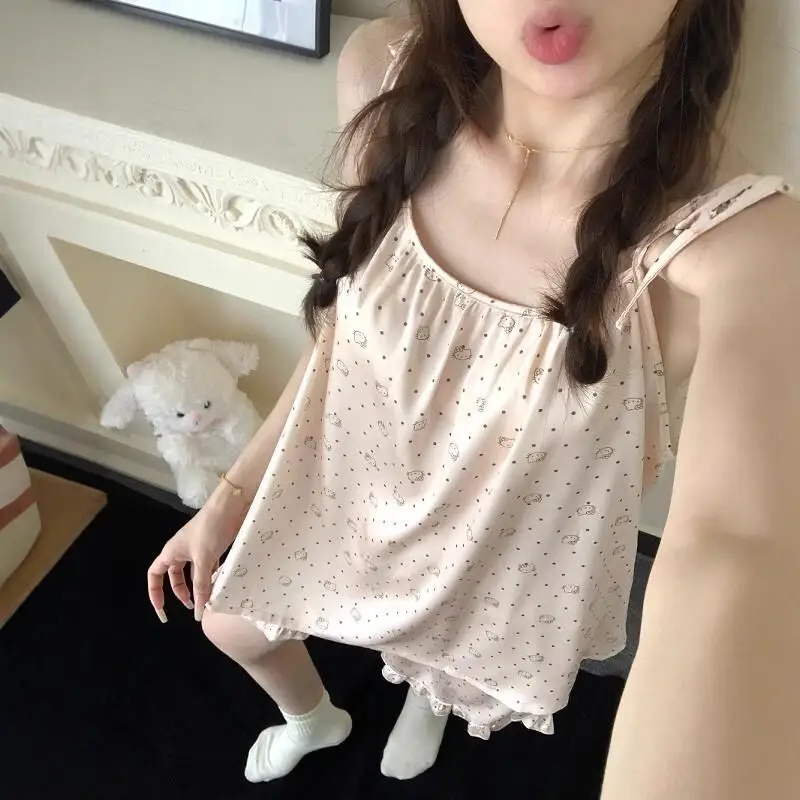 

Sanrio Hello Kitty Pajamas Set Sleepwear Pants Shorts Soft Cotton Women Plus Size Summer Homewear Loungewear Cute Girly Style