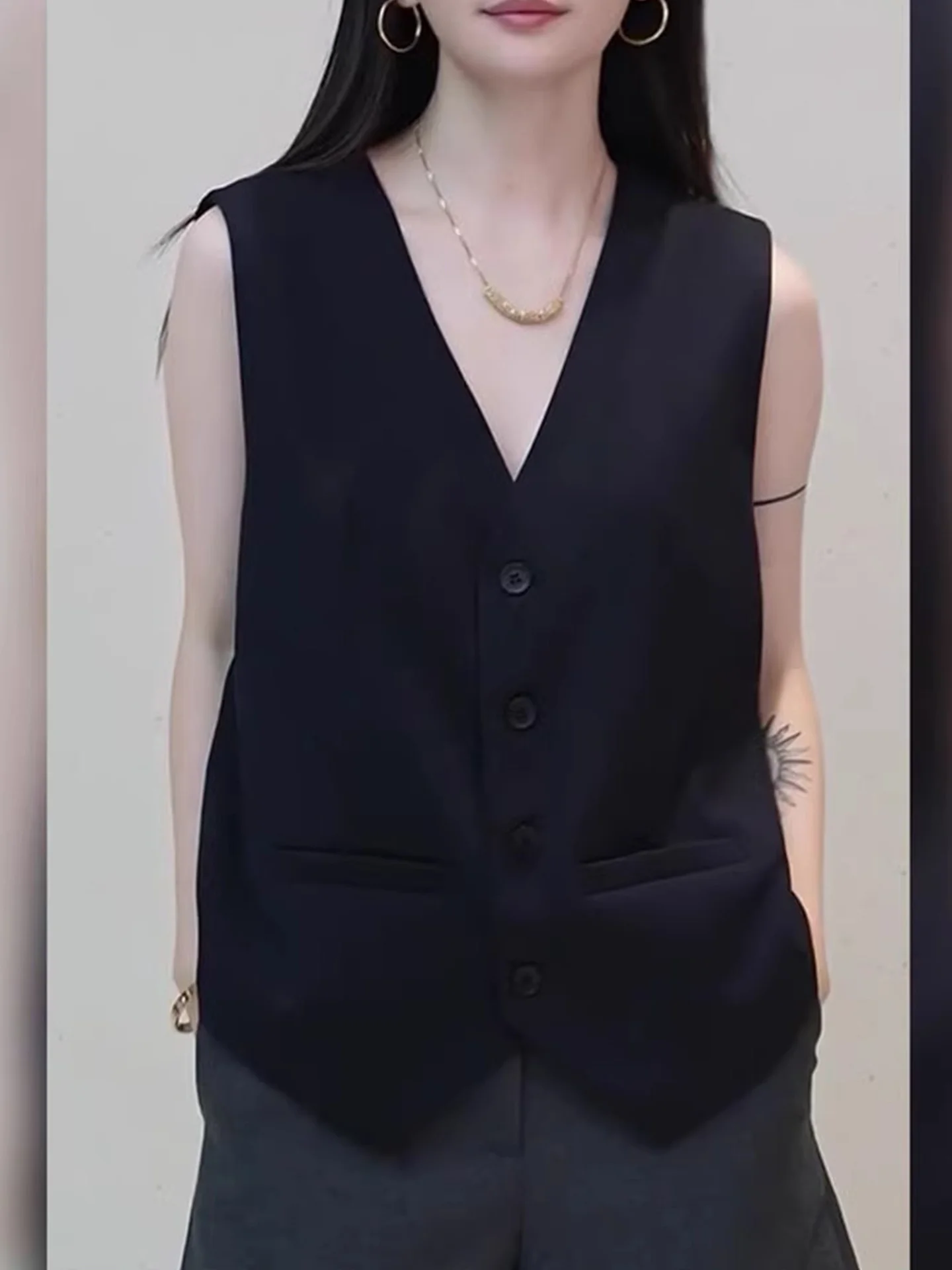 

Элегантный женский жилет с V-образным вырезом, свободный крой, для офиса, прямой силуэт, корейский стиль, летняя мода, высококачественный