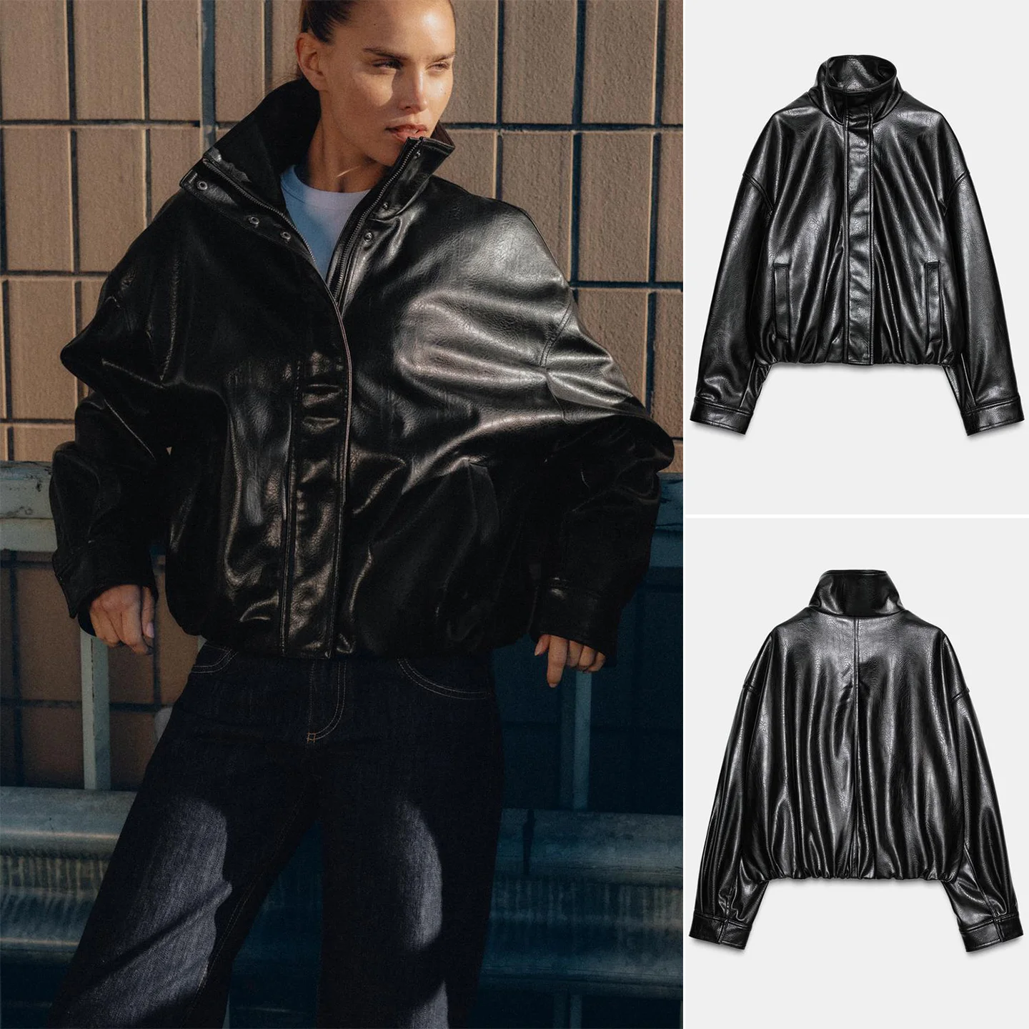 

Новая зимняя женская куртка из искусственной кожи с высоким воротником на молнии, длинными рукавами, пушистая, свободного кроя, для повседневной носки, из полиэстера.