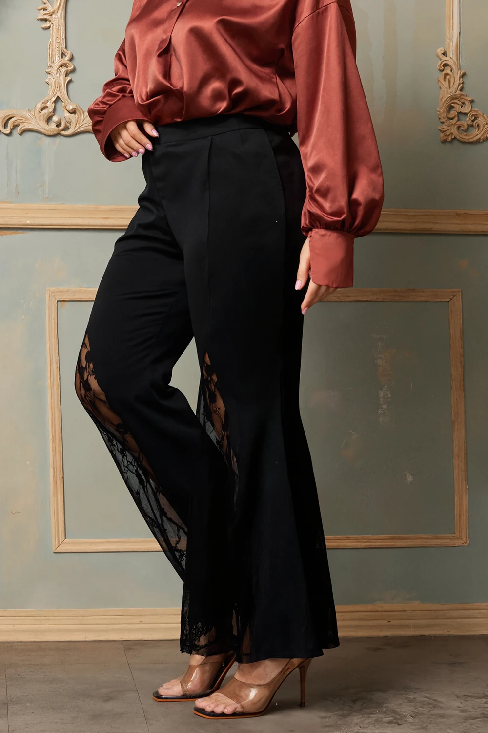 

Women Lace Patchwork Flare Pant Plus Size Tailored Trousers Elegant Casual Vitnage High Street Office Lady Hollow Out Pants 2025