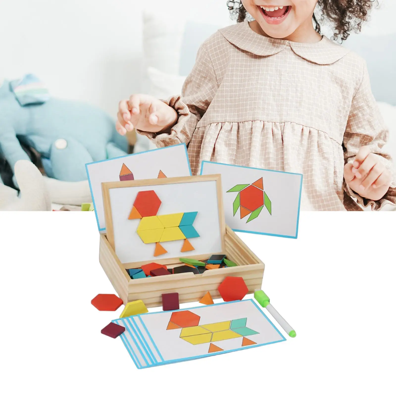 

Wooden Pattern Blocks Set Challenge IQ Toy Montessori Shape Pattern Toy for Boys Girls Kid Age 3 4 5 6 Children Day Gift