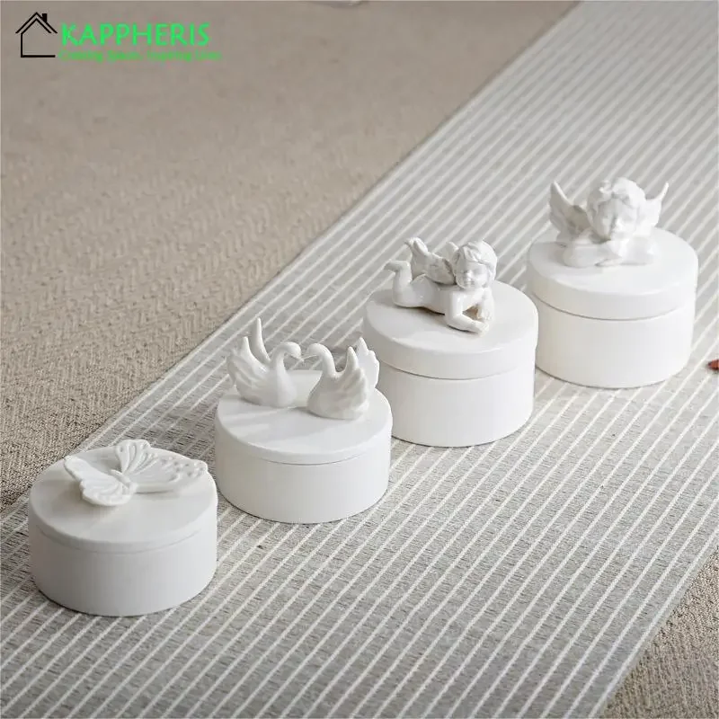 European Candle Jars with Lids Wholesale Ceramic White Empty Candle Jar Vessels Little Angle Tea Coffee Sugar Storage Jars