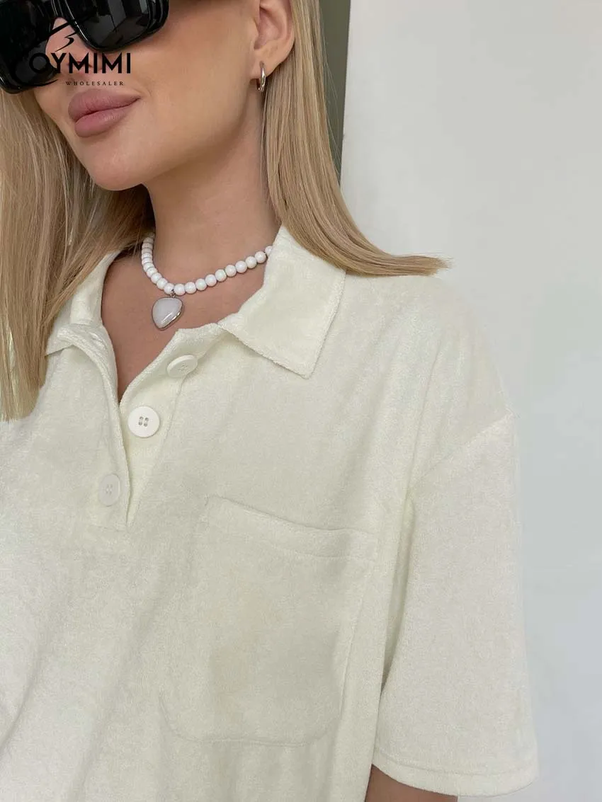 Oymimi Fashion Beige Two Piece Set For Women Elegant Lapel Button Half Sleeve Pockets Tops And High Waist Full Length Pants Sets