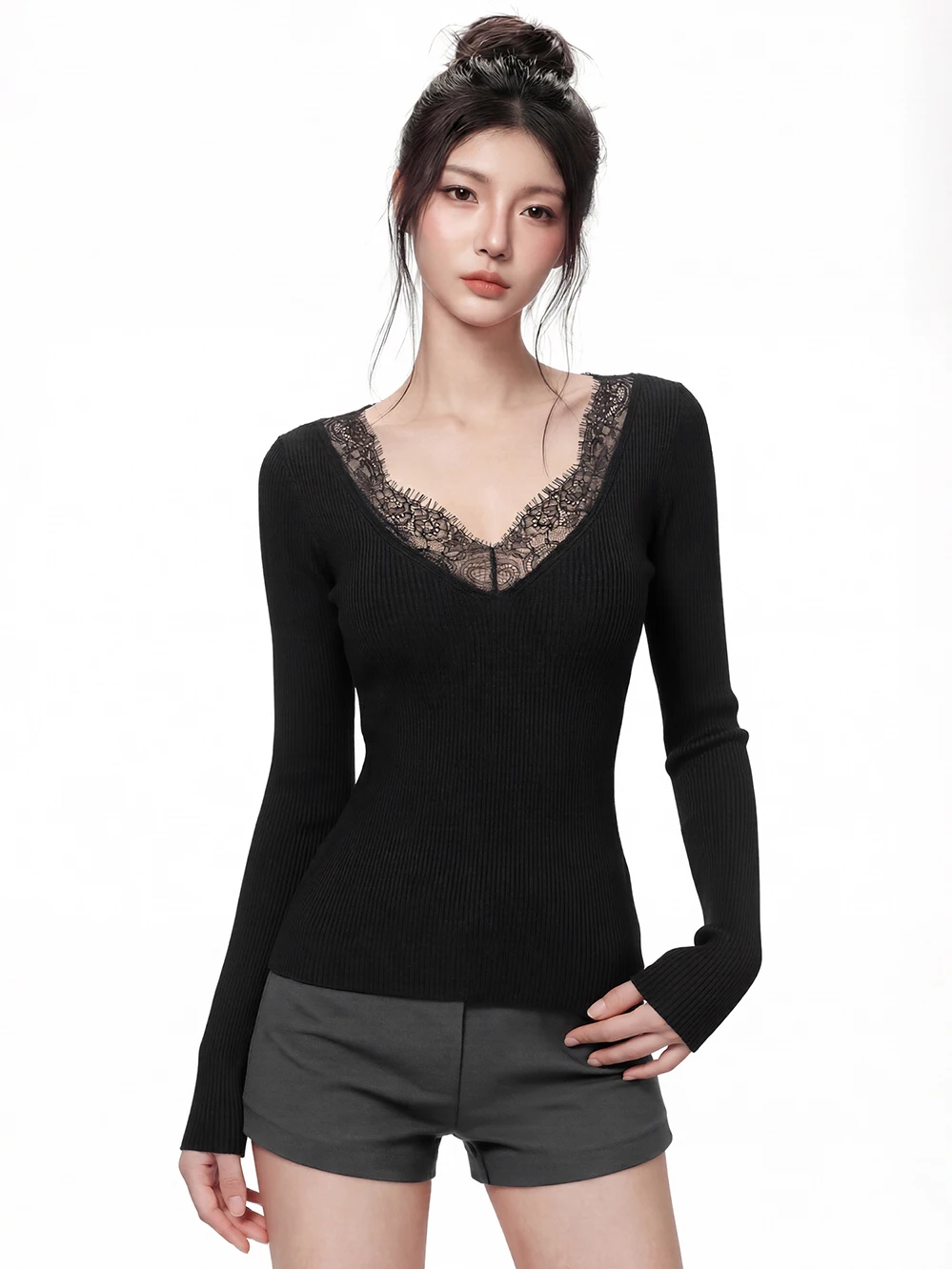 

Retro Hong Kong Sle Pure Desire V-Ne Lace Knitted Sweater Women's Inner Wear Slimming Versatile Autumn Winter Top
