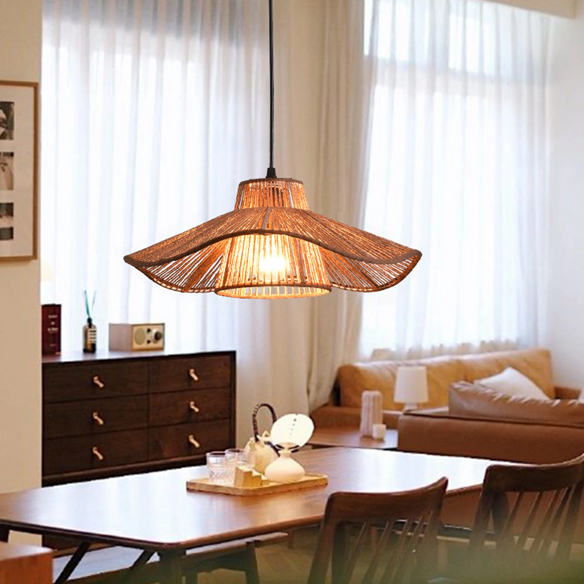 Retro Rattan Pendant Light Vintage Straw Hat Handwoven Rope Hanging Light Farmhouse Dining Room Kitchen Island Cafe Home Decor