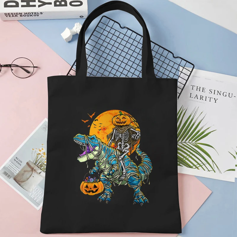 Canvas Tote Bags Cartoon Dinosaur and Pumpkin Women Shoulder Bag Fashion Spooky Halloween Graphic Shopping Bag Reusable Handbag image 2