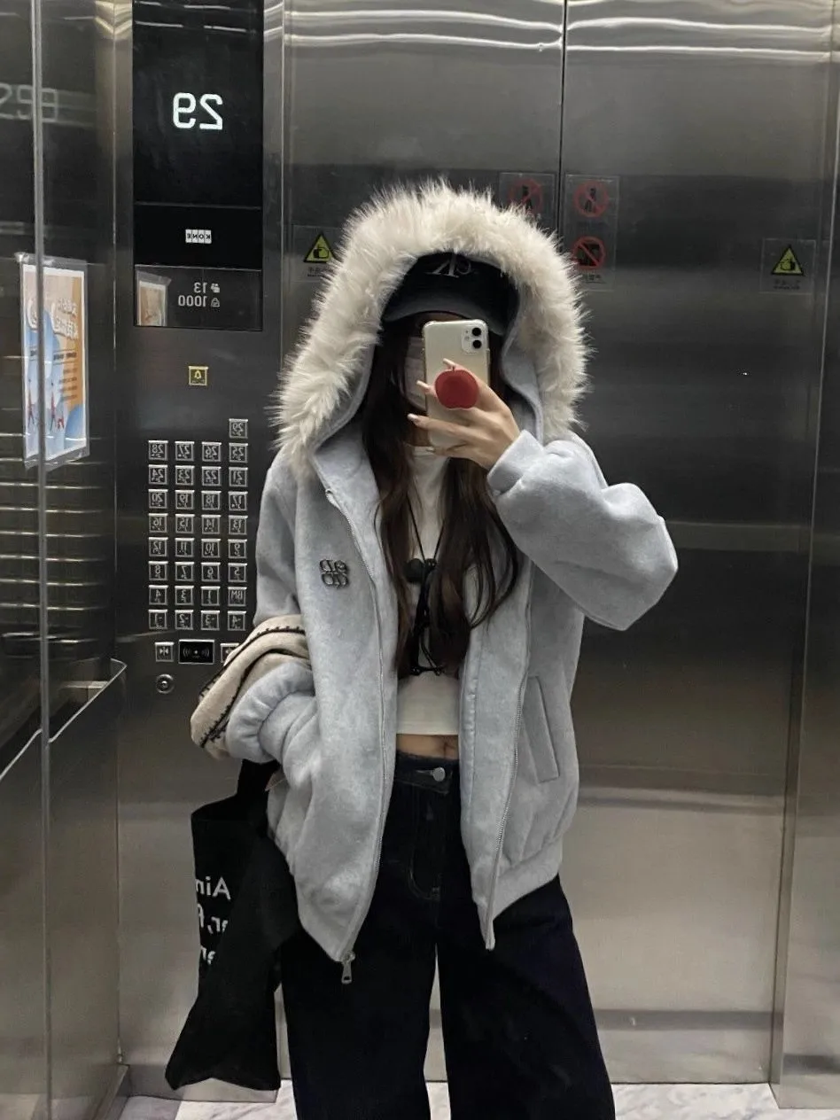 

Men's Winter Thiened Woolen Coat Hooded down Jaet Large Fur Collar Casual Loose Fit Cotton Clothes for Couples