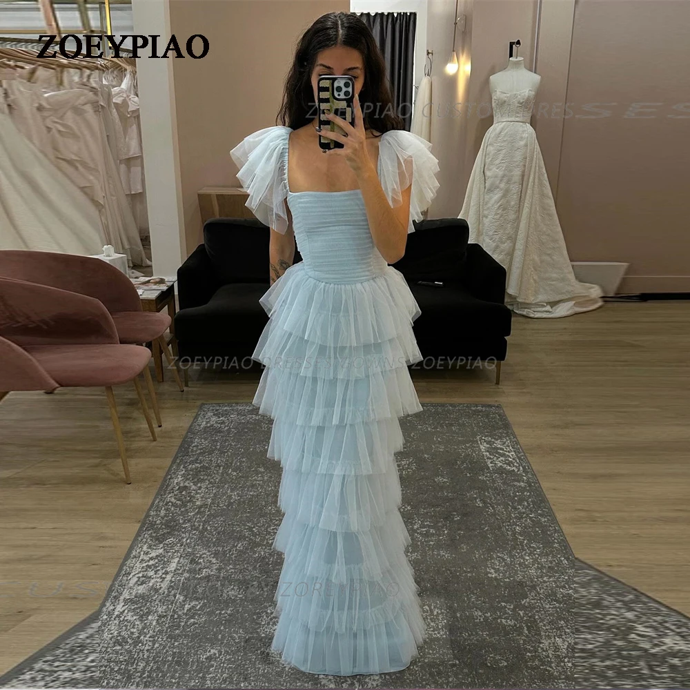 

Light Blue Tiered Strapless Pleated Prom Dresses Tulle A Line Tiered Evening Gown Floor Length Formal Party Dress فساتين السهرة