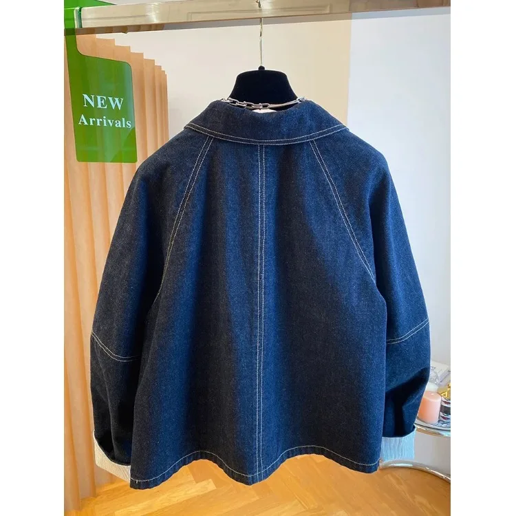 Loose Fit Deep Blue Denim Jacket Women\'s Retro Spring Autumn Casual Sleeve Cuff Patchwork Denim Jacket  Collar Button Clo...