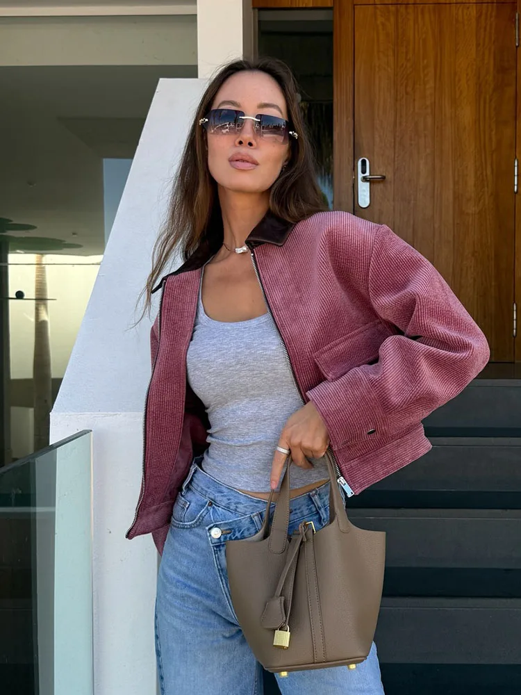 HH Women Fashion Jacket Corduroy Leather Patch Collar Jacket Long Sleeve Casual Pockets Zipper Woman Street Style Short Coat
