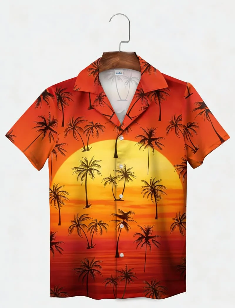 

Men's Exotic Tropical Island & Palm Print Short Sleeve Shirt, Retro Coastal Style for Summer Outings and Daily Looks