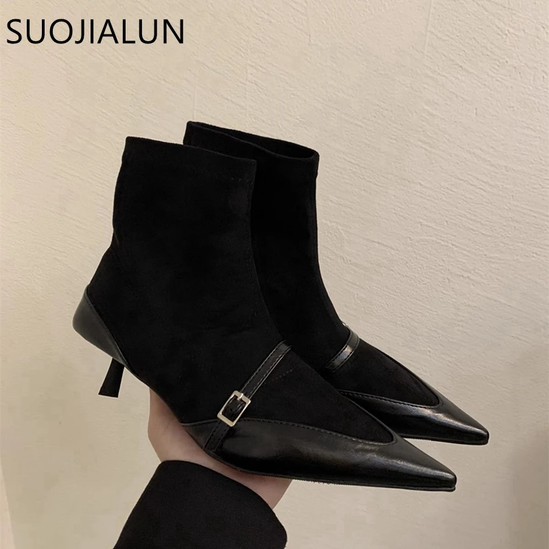 SUOJIALUN Winter New Brand Women Ankle Boots Fashion Pointed Toe Ladies Elegant Short Boots Shoes Thin High Heel Dress Pumps Sho