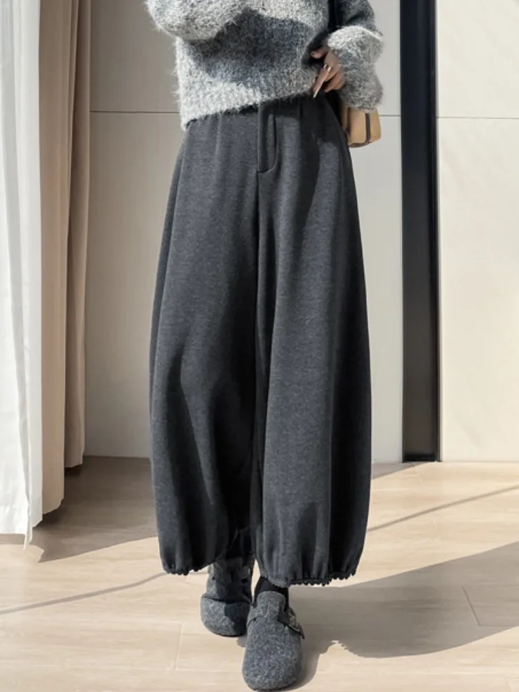 Thiened Fce pantalones de pierna ancha de cintura alta para mujer Otoño Invierno diseño sensación encaje tubo recto Casual nueve pantalones tipo farol