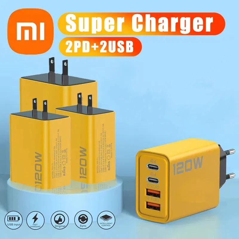 Xiaomi 120W Super Fast Charger 4 Port USB C 2PD Ultra Fast Charger Quick Cable Type C Charging For Xiaomi iPhone Samsung Charger