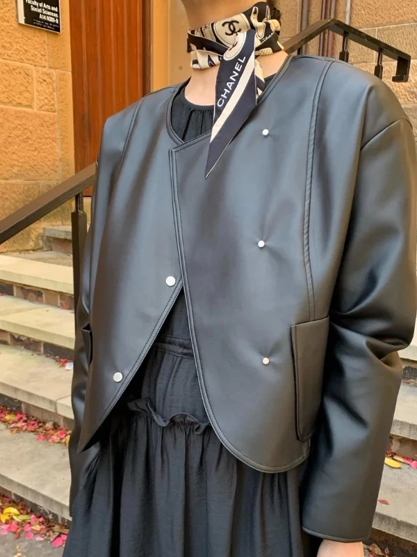 봄 패션 시크 빈티지 비대칭 메탈 블루 PU 가죽 자켓 여성용 다용도 롱 슬리브 코트 스트레이트 컷 슬레