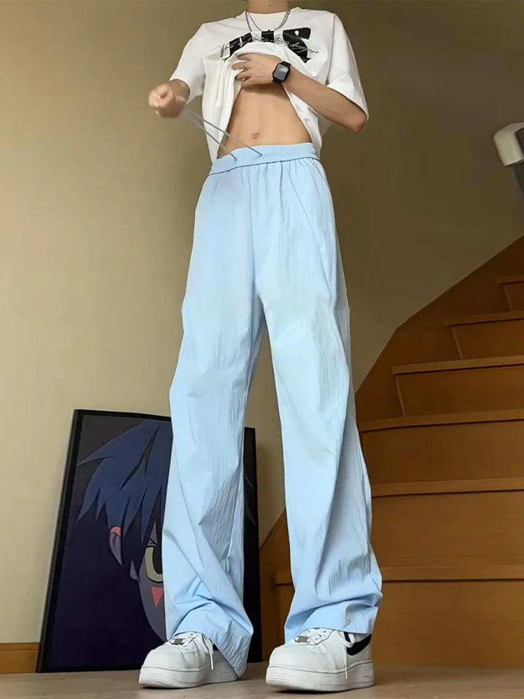 

Мужские летние брюки свободного кроя из ледяного шелка, широкие, прямые, быстросохнущие, повседневные, в стиле рабочей одежды