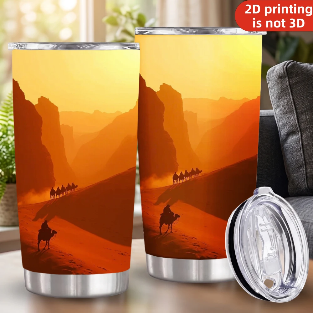 20oz Desert Camel Caravan Printed Stainless Steel Tumbler with Lid and Straw, Golden Sunset Dunes Safari Landscape Vacuum Insulated Travel Coffee Mug Gifts for Travel Lovers