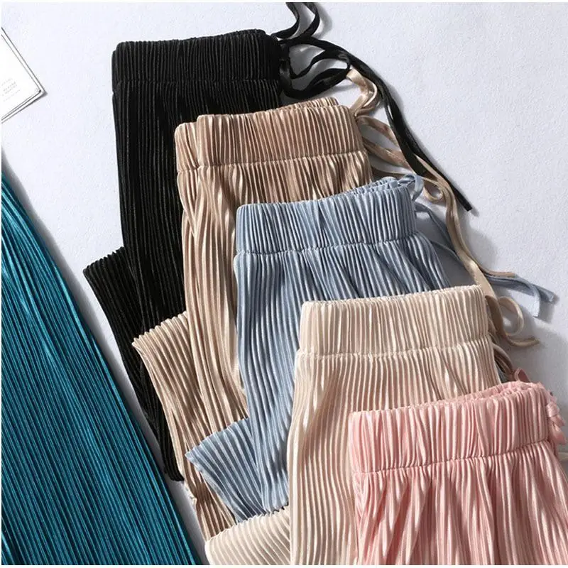 Women Fashion Summer Wide Leg Pants Pleated Ice Silk Trousers Elastic Waist Loose Casual Pants