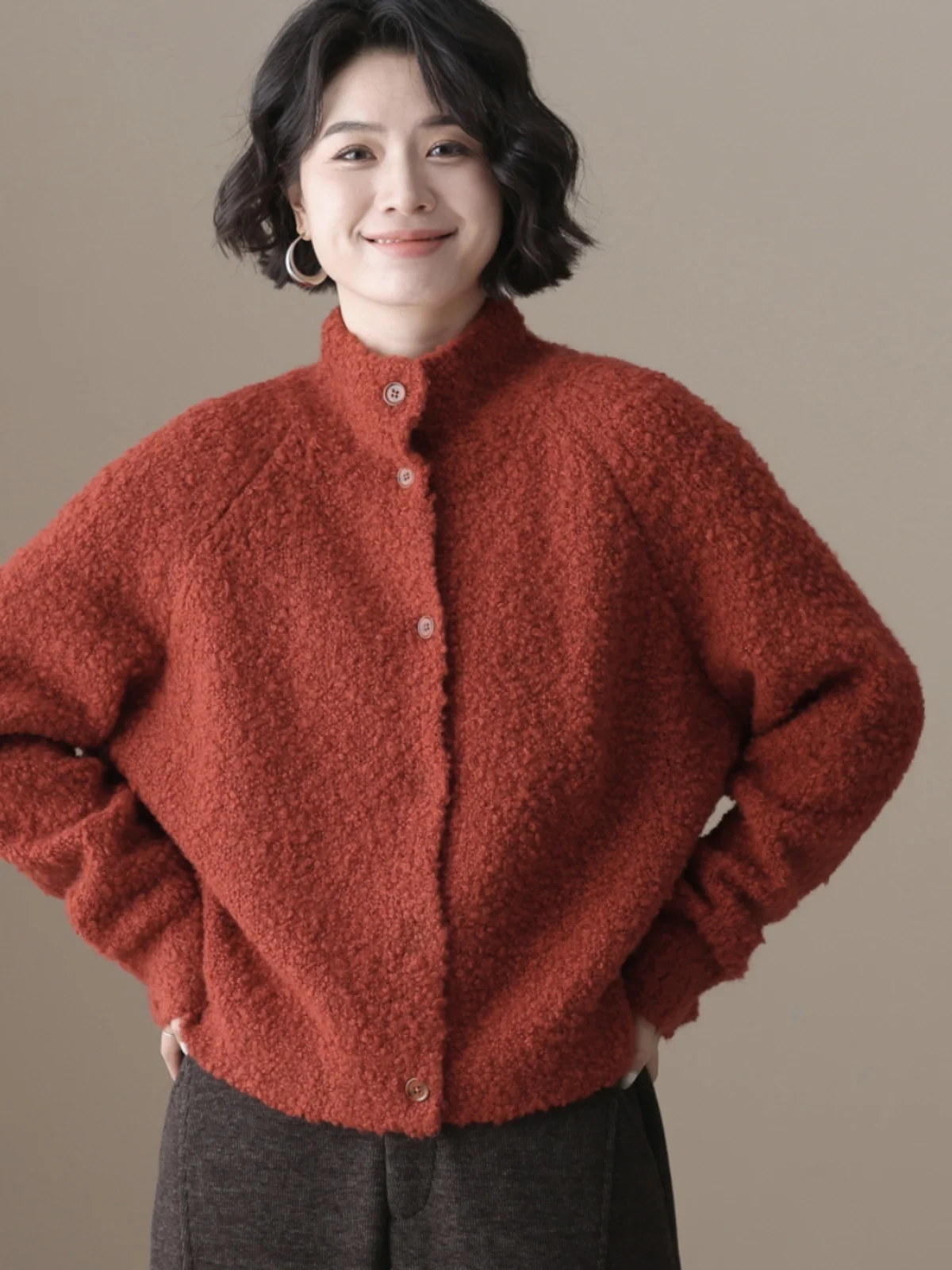 

Left Ear Left Bank Wool Blend f High Collar ort Jaet Long Sve Artistic Sle Japanese Sle Women's Autumn Winter New