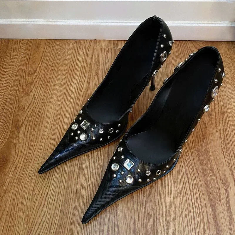Spring new pointed shallow mouth leather surface rhinestone rivet single shoe banquet dress slim heel high-heeled women's shoes
