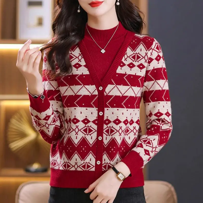 Western Style Jacquard Fake Two Piece Sweater Women's Knitted Sweater Loose Outer Top Women