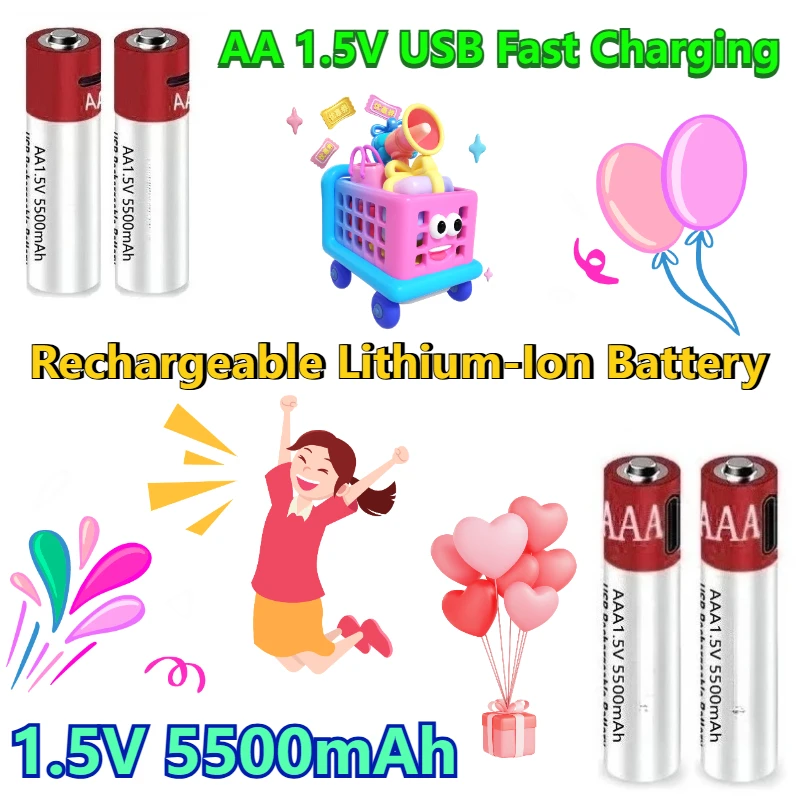 

Литий-ионная аккумуляторная батарея AA + AAA, 5500 мАч, быстрая зарядка через USB AA, 1,5 В