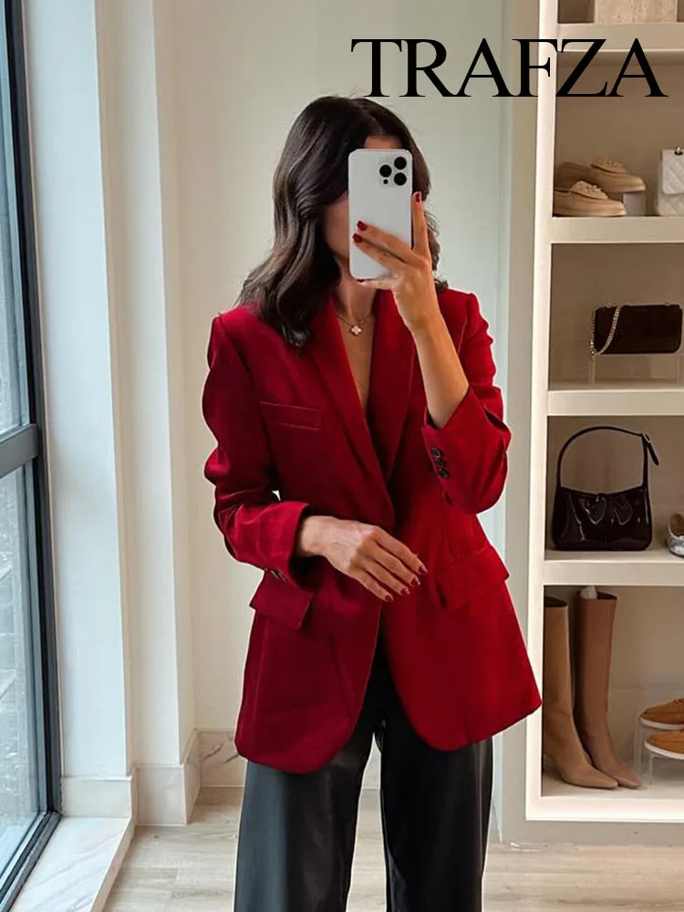 TRAFZA Spring Fashion Women Blazers Red Turn Down Collar Long Sleeves Pockets Decorate Single Button Female Chic Jacket Coats