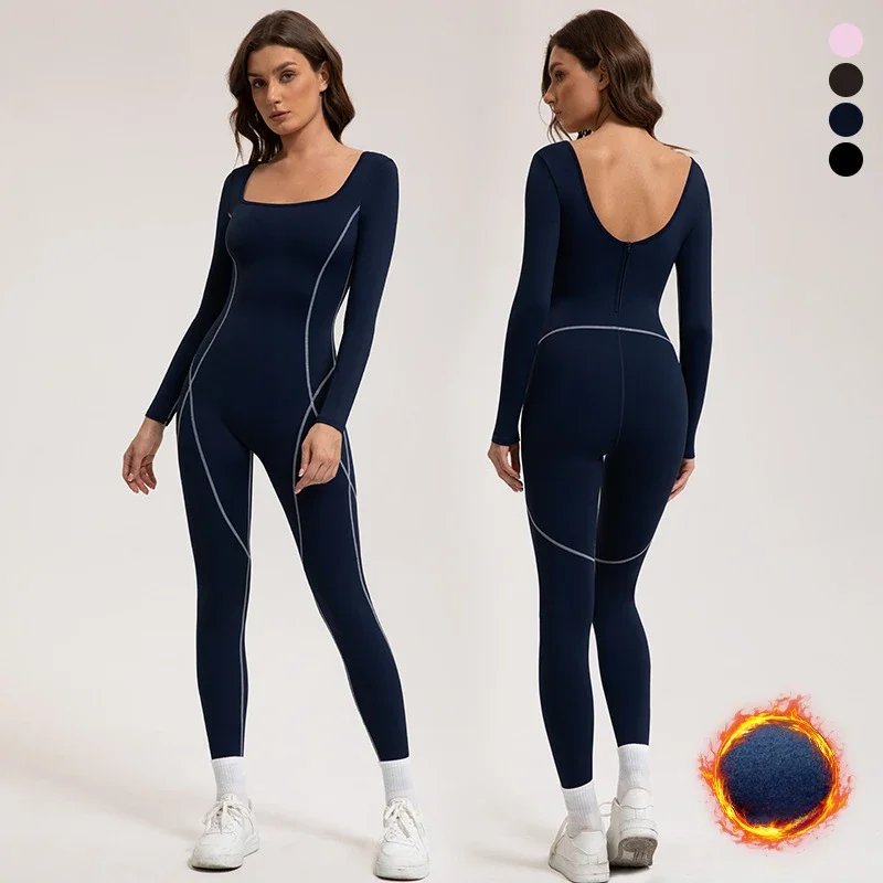 Seamless Yoga Jumpsuits Sports Fitness Hip-lifting Backless Long-sleeved One-piece Running Workout Gym Leggings for Women