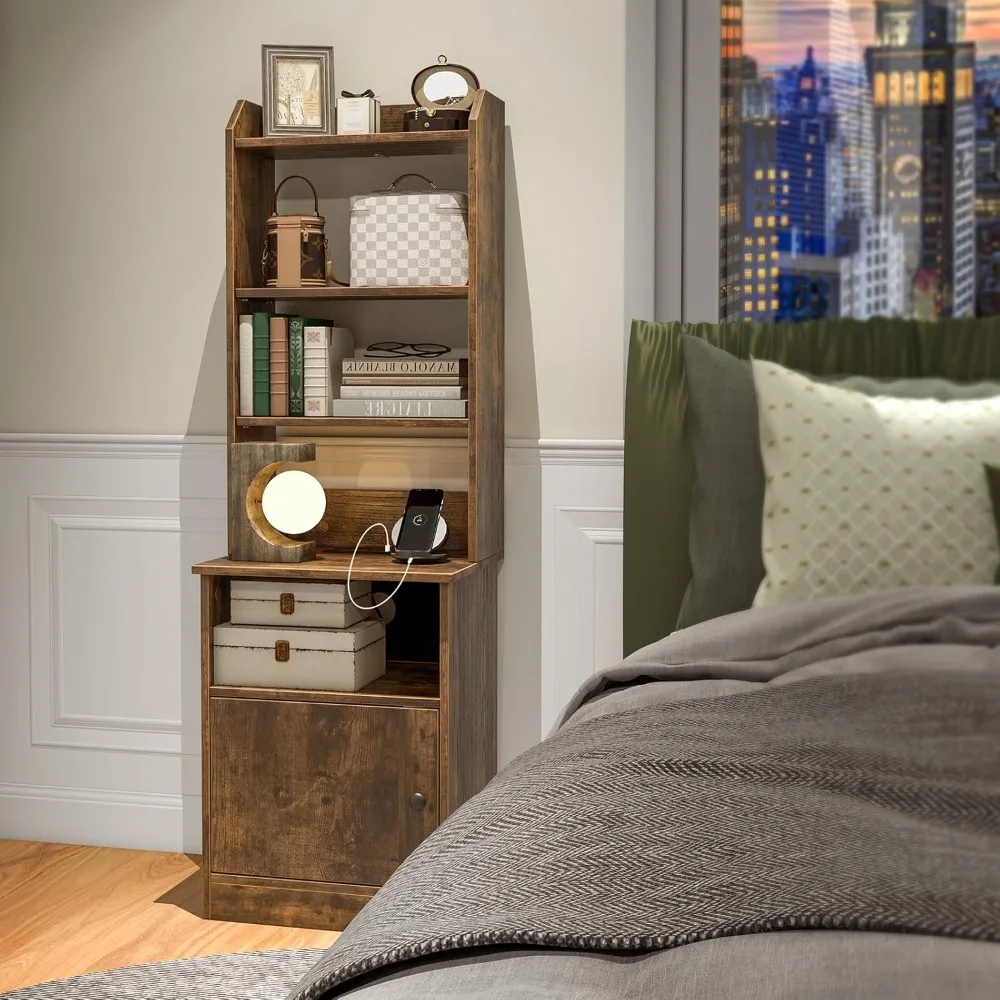 

Tall Nightstand with Charging Station - 56" Tall Bedside Table with 6-Level Adjustable Bookshelf, Industrial End, Customized
