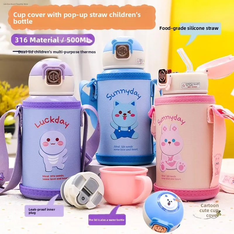 Baby Thermal Cup Straw Water Bottle Double Cover Two Use Insulated Stainless Steel 316 Cartoon Drinking Cup with Carrying Rope