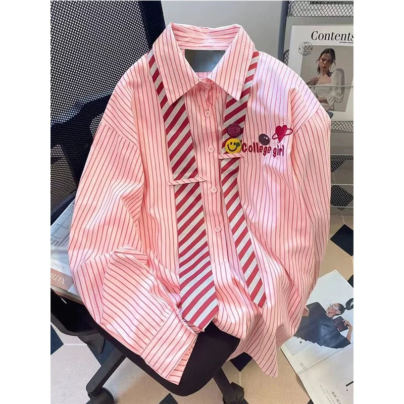 Korean Sweet Embroidered Turn-down Collar Long Sleeve Blouse Autumn Women Clothes All-match Striped Buttons Cardigan Shirts