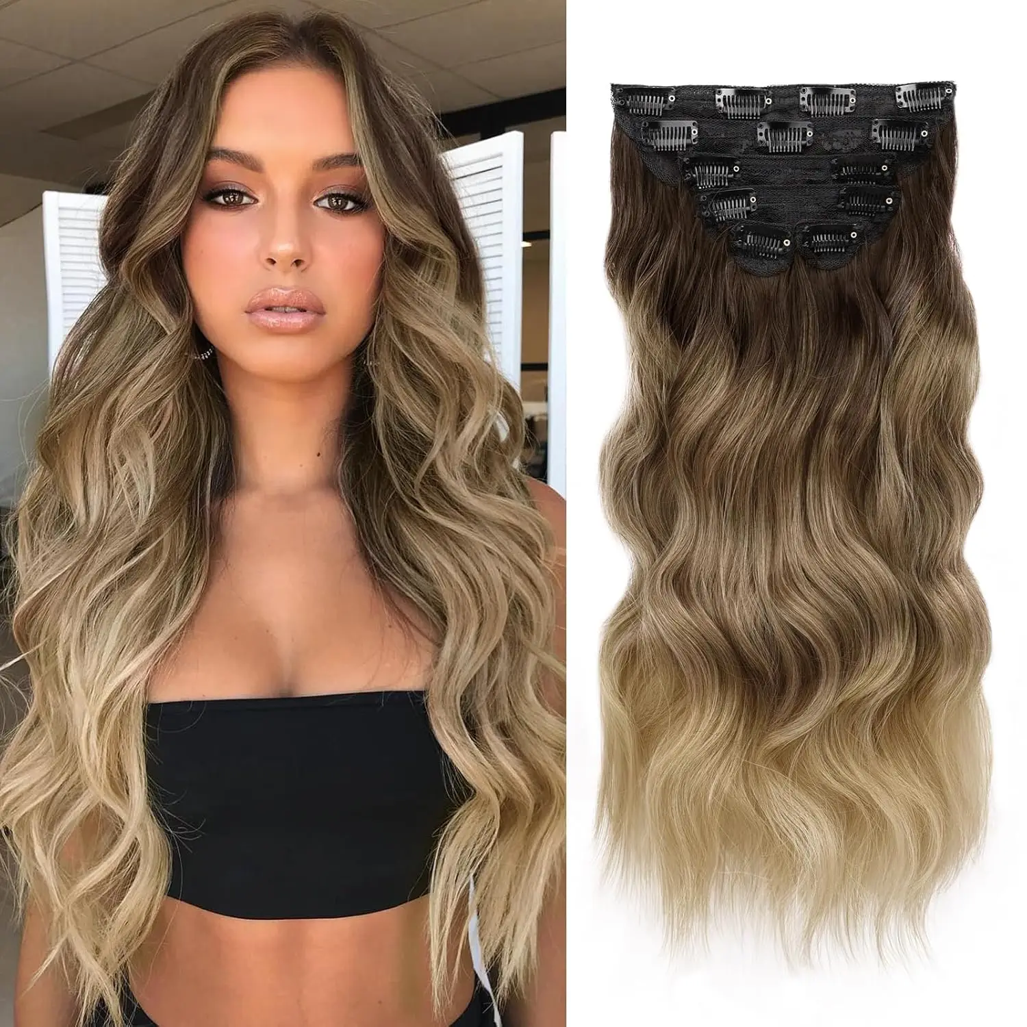 Clip dans l'extension de cheveux 20 pouces Ombre Blonde 6 pièces postiches bouclées longues ondulées naturelles