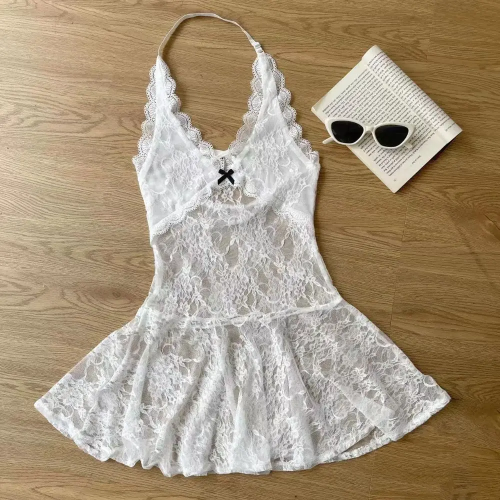 Vestido Halter de encaje transparente a la moda, faldas cortas con cordones y cuello en V, ropa de playa, vestidos picantes de estilo de niña, vestidos de fiesta para mujer