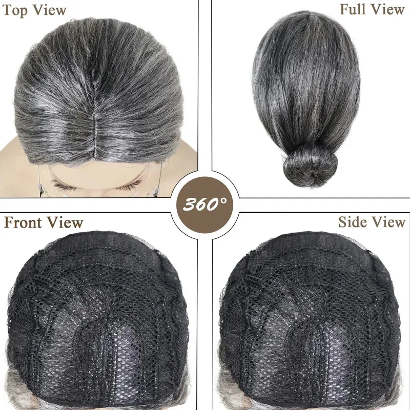 Conjunto de peruca sintética velha senhora avó avó cosplay perucas, óculos, corrente de óculos, colar de pérolas (4 peças) fantasia diária de halloween