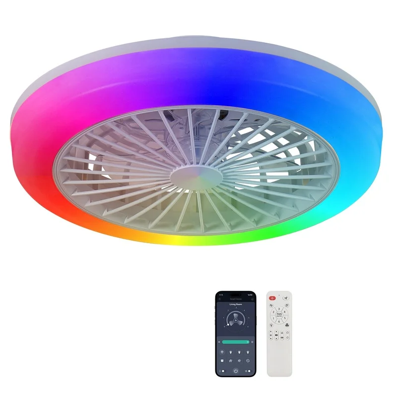 

18" Smart Ceiling Fan with RGB LED Light, Remote & App Control, Dimmable White Modern Low-Profile Fan for Bedroom Living Room
