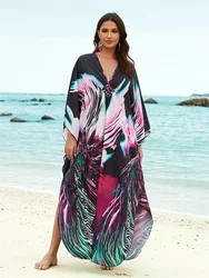 Casual Print dekolt w szpic 2024 wiosna lato z długim rękawem luźna odzież damska Kaftan Plus Size plażowe sukienki Maxi Q1588