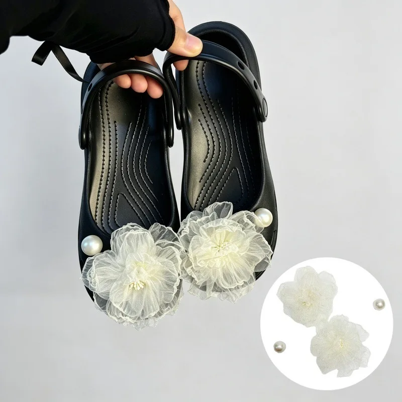 Élégantes décorations coréennes en mousseline de soie pour sabots, ensemble de breloques de ballet pour femmes avec perles et cristaux, accessoires de chaussures réglables pour femme
