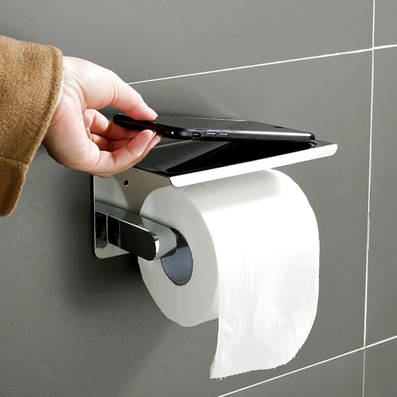 Uchwyt na papier toaletowy ze stali nierdzewnej z półka na telefon do montażu na ścianie kuchnia łazienka papier toaletowy stojak uchwyt na ręcznik papierowy WC