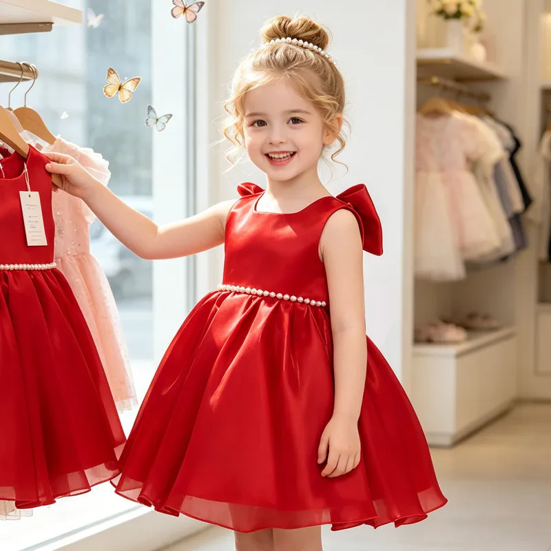 Flower Girl Dress Red Sleeveless Big Back Bow Pearl Beaded Toddler Baby First Birthday Party Formal Princess Gown