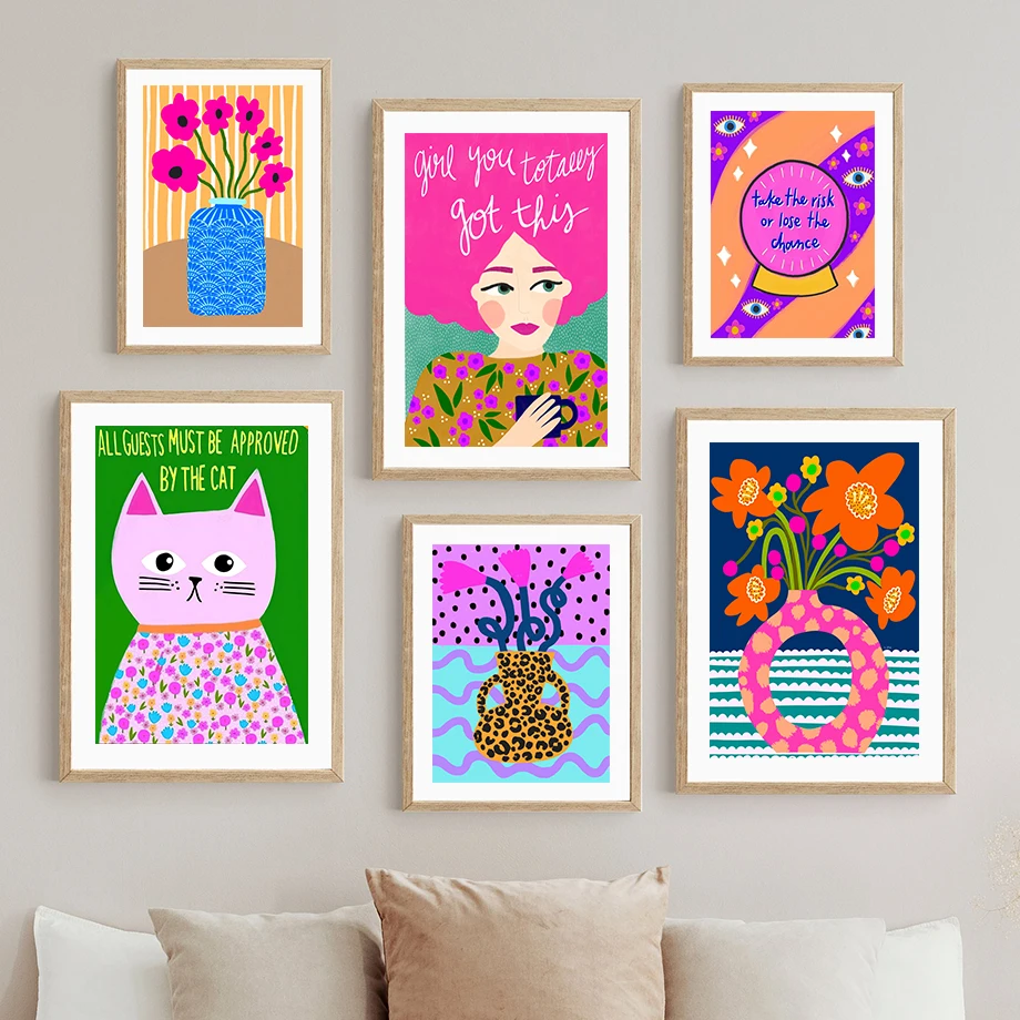 1pc frameless Canvas Painting Fashion Glasses Girl Cat Flower Vase Colorful Wall Art Canvas Painting Abstract Posters AndPrints