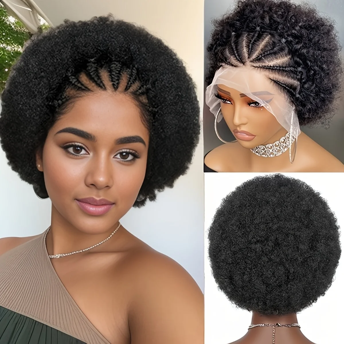 

Afro Puff 13x4 Lace Frontal Human Hair With Pre Made Cornrow Braided Kinky Curly Wig With Baby Hair for Black Women Pre Plucked