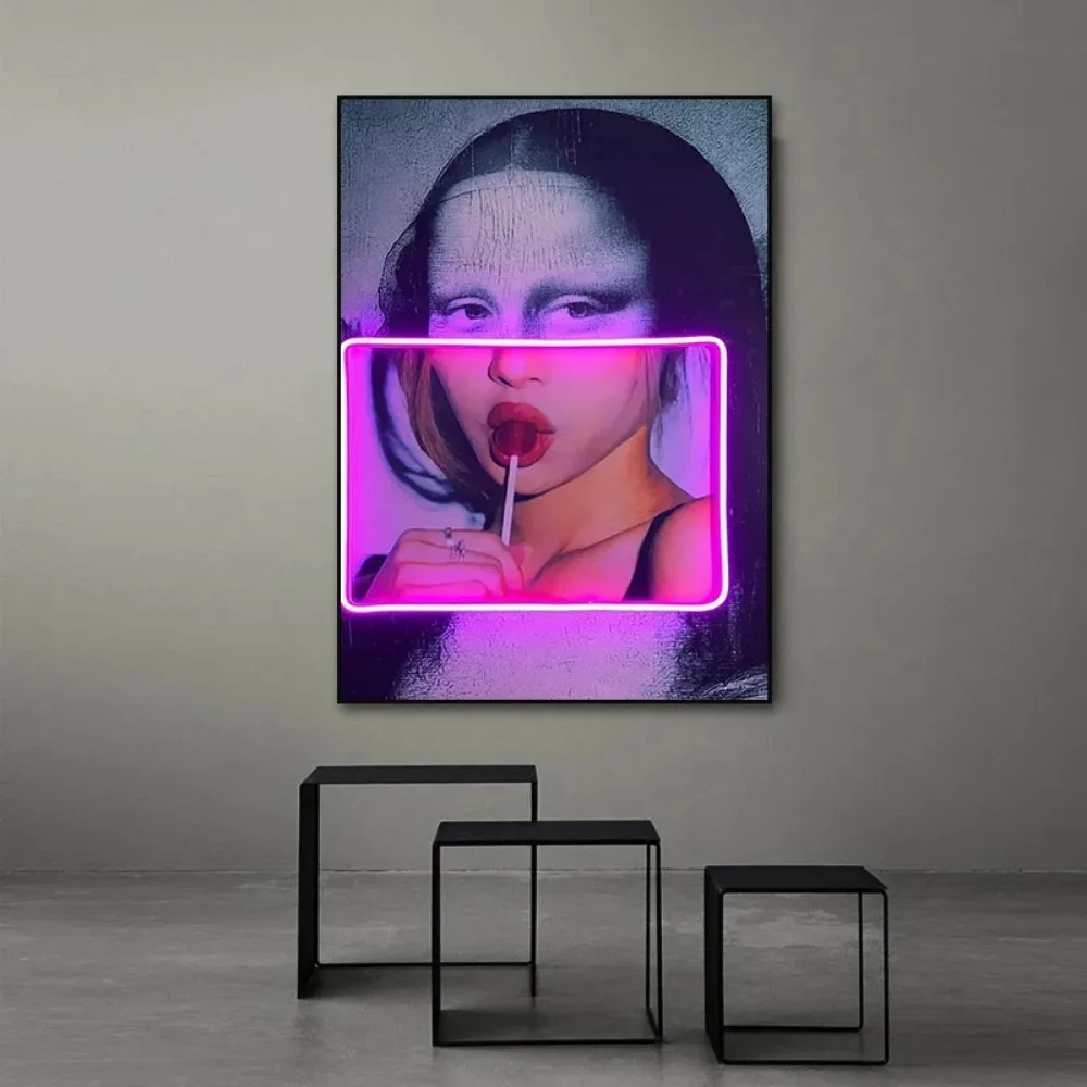 Mona Lisa with Lollipops Neon Pop Art Canvas Print Posters Canvas Painting Abstract Portrait Fashion Wall Art Picture Home Decor