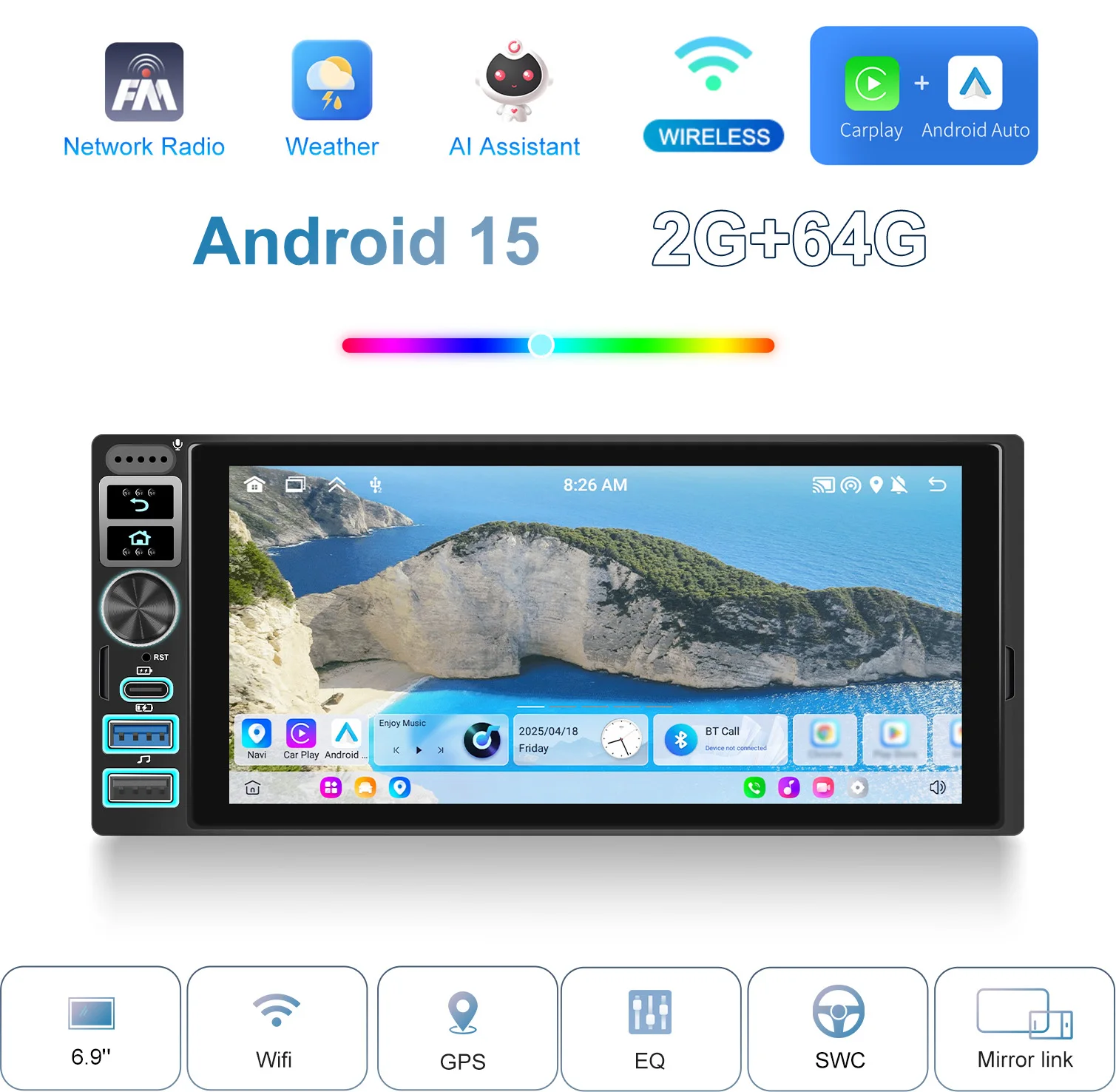 Podofo Android 6,9'' 1 DIN CarPlay Auto-Multimediaplayer Android Auto GPS-Navigation Intelligenter Auto-Player mit Mirror Link – Detail 1