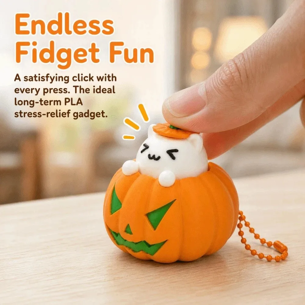 Decorative Halloween Pumpkin Cat Clicker Keychain Creative Funny 3D Printed Pendant Orange Keyboard-style Fidget Party Favor