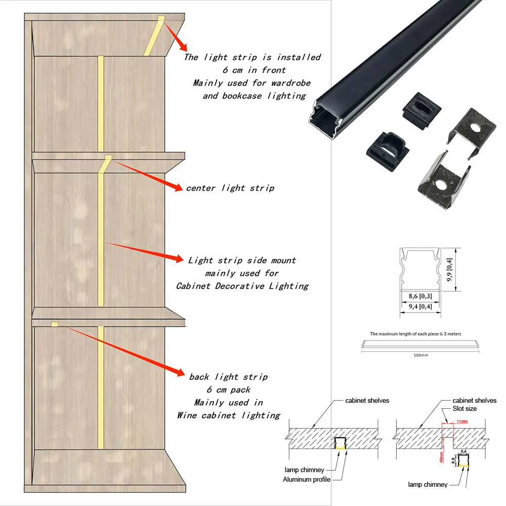 10*10mm 2pcs 0.5m Exquisite LED Aluminum Profile Strip Light for Embedded Installation in Cabinets and Wardrobes