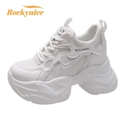 10CM High Heels Autumn Chunky Sneakers for Women 2023 Platform Sports Breathable Mesh Shoes Woman Lace-up Thick Bottom Dad Shoes