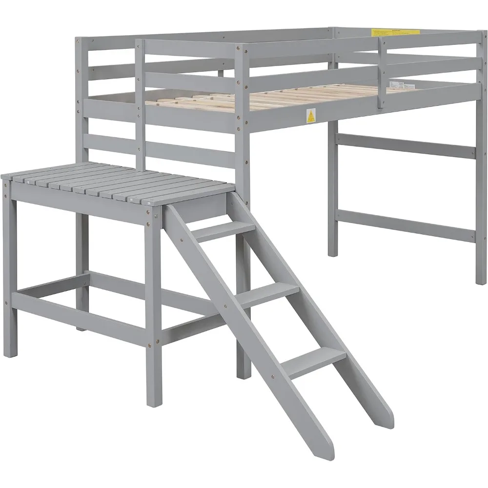 Twin Size Low Loft Bed Voor Kinderen, Massief Houten Loft Bed Met Platform En Ladder, Ruimtebesparende Loft Bed Voor Tieners, Meisjes Boystwin, Grijs