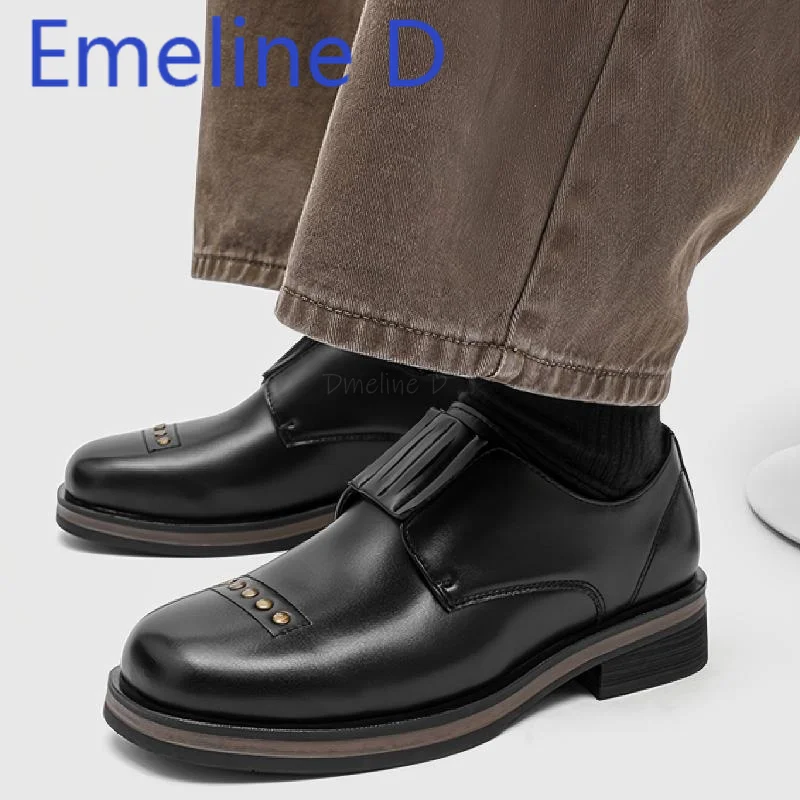 Square Toe Lace Up Derby Shoes Fashionable British Style Foot Covers Rivets Simple Versatile Height Increasing Leather Shoes