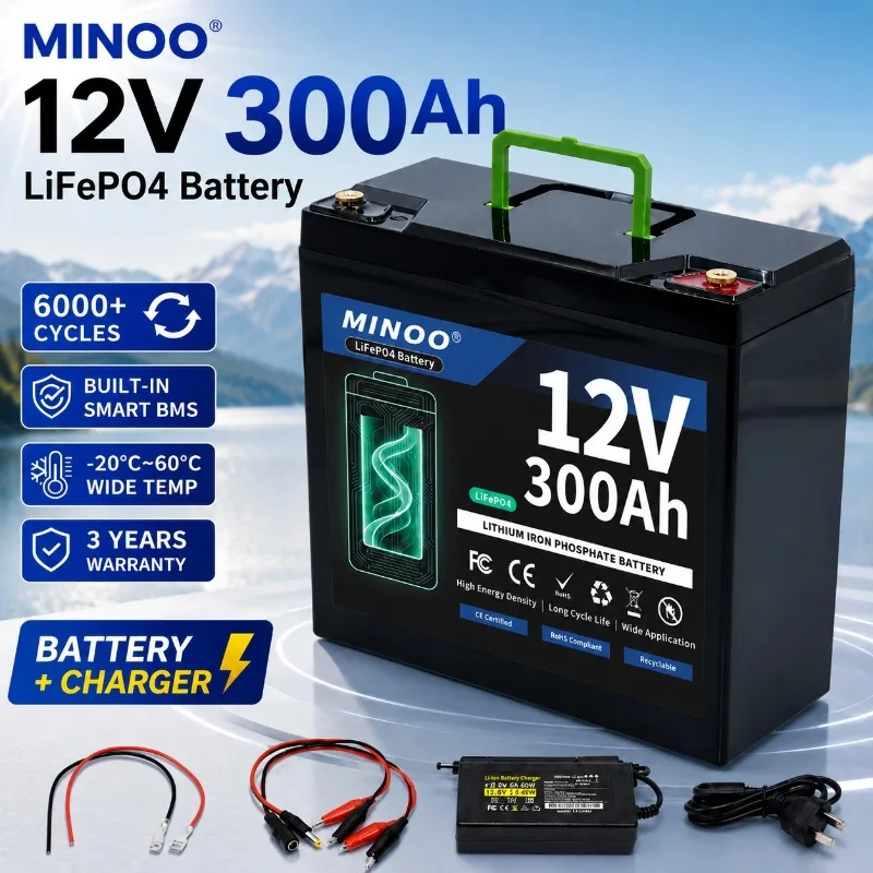 12V 300Ah Lithium LiFePO4 Battery Built-in 300A BMS High Capacity Deep Cycle Battery for RV Solar Marine Backup Power